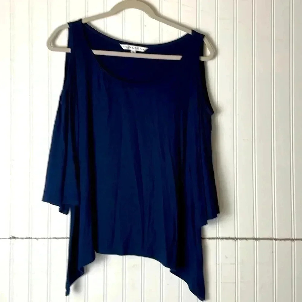 Trina Turk Navy Asymmetrical Hem Cold shoulder top. Size medium